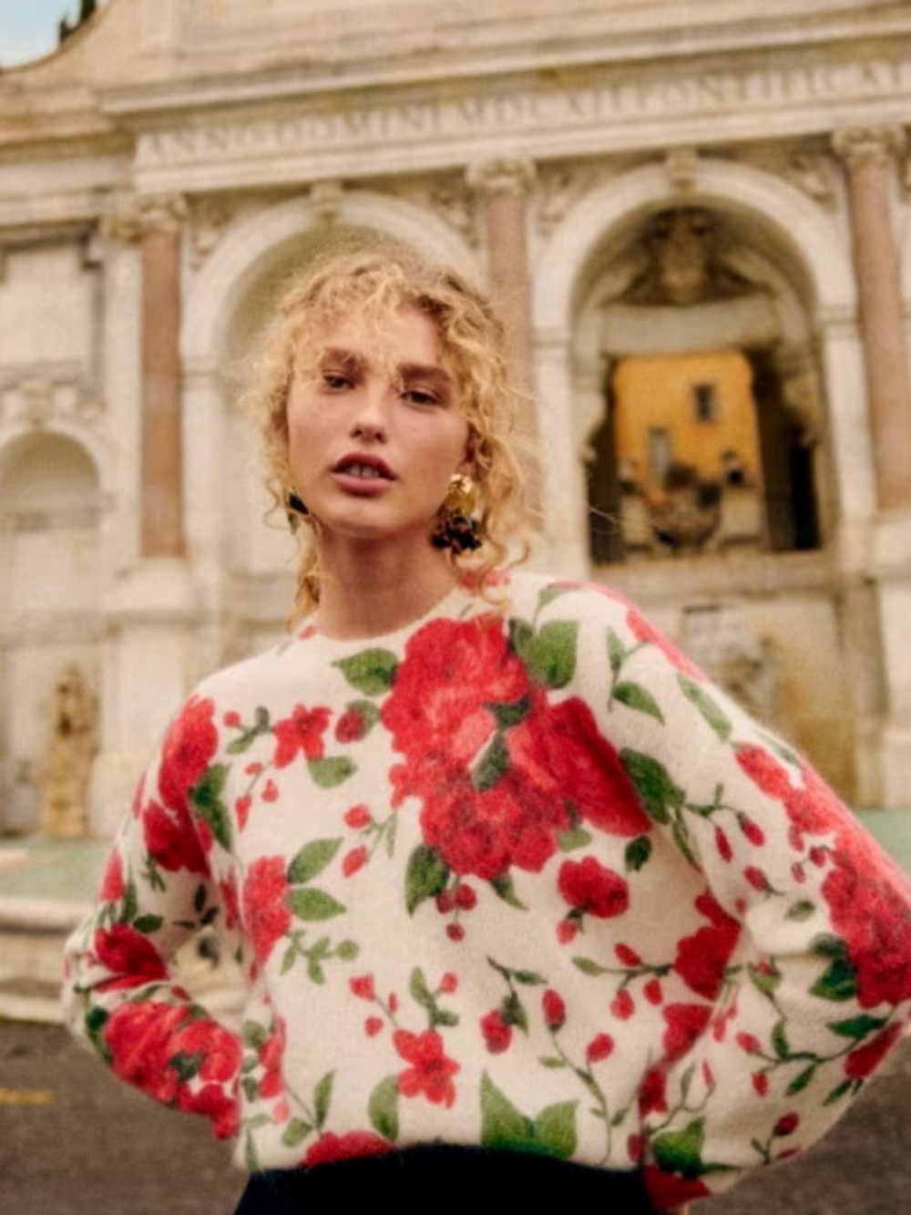 Sezane Mann Jumper Sweater Floral Red Ecru Knit French Classic